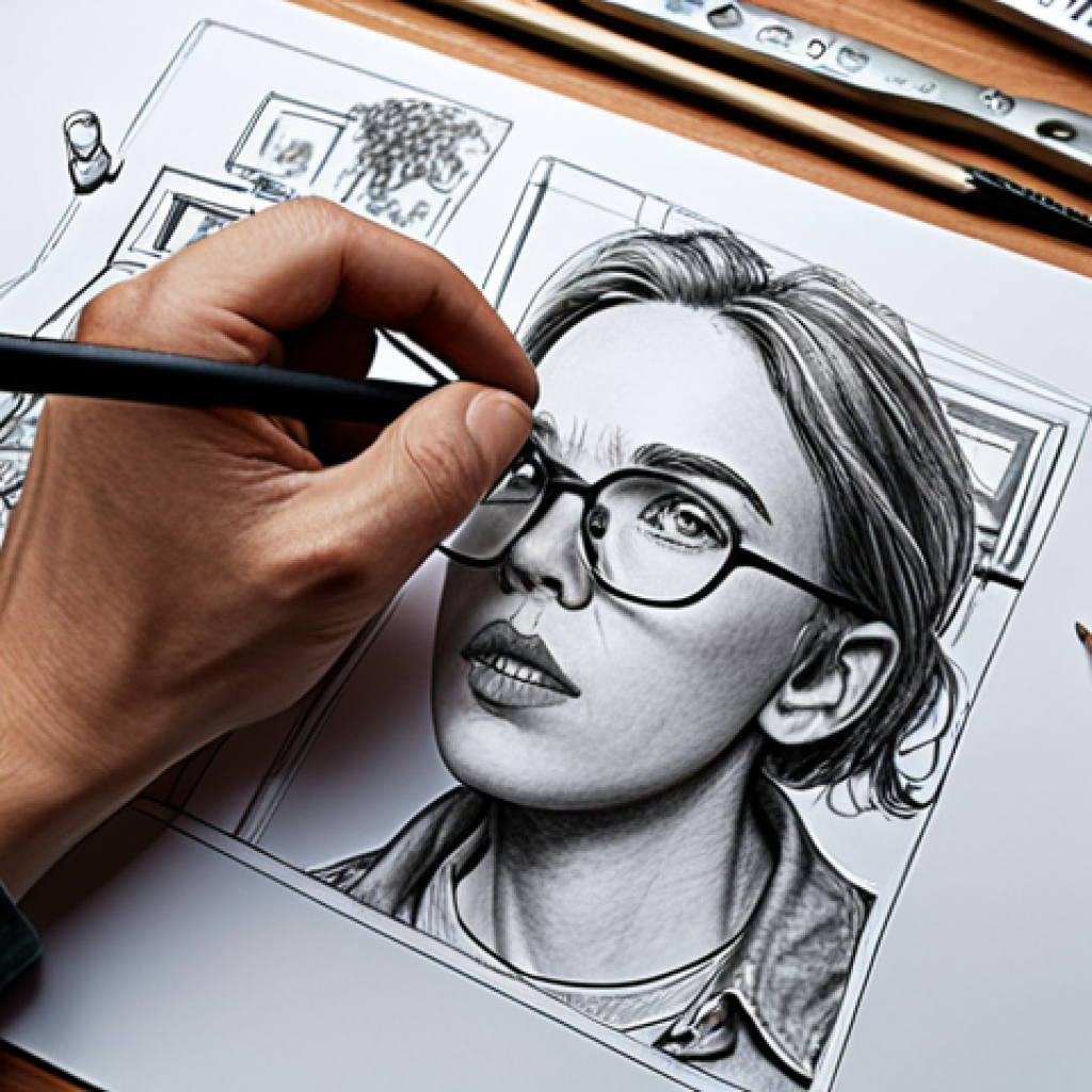 **A graphic designer passionately creating a new and innovative design, surrounded by tools and sketches, embodying the value of creativity.** (Focus: Creativity in graphic design)