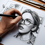 **A graphic designer passionately creating a new and innovative design, surrounded by tools and sketches, embodying the value of creativity.** (Focus: Creativity in graphic design)