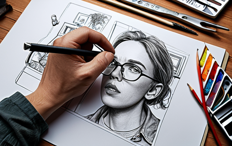 **A graphic designer passionately creating a new and innovative design, surrounded by tools and sketches, embodying the value of creativity.** (Focus: Creativity in graphic design)